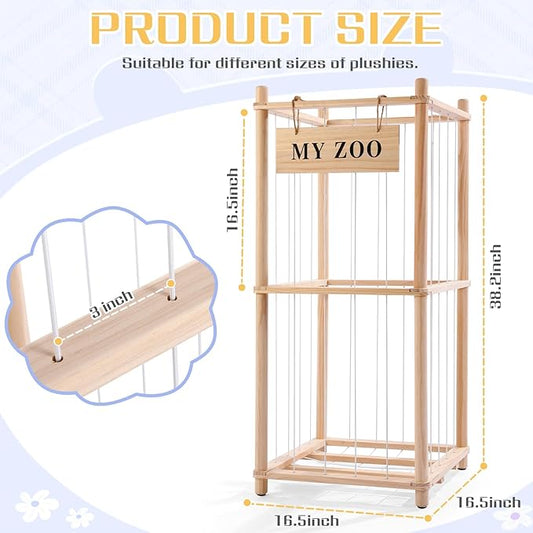 GLDZI Stuffed Animal Storage Zoo, Wooden Stuffed Animal Organizer with Elastic Cords for Boys Girls, Space Saving Toy Plushies Storage Holder for Playroom, Bedroom, Living Room (Burlywood, Small)