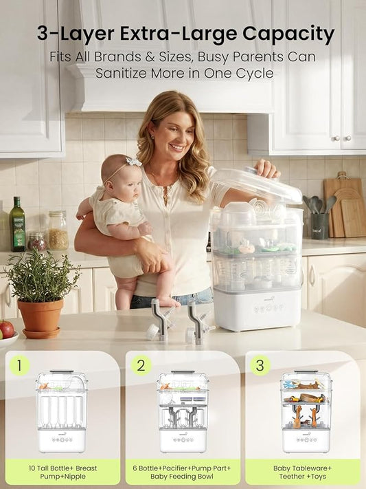 Grownsy 3 Layers Large Bottle Sterilizer and Dryer, Holds 6 to10 Bottles, Nesting Design Bottle Sanitizer Esterilizador de Biberones for Breast Pump Sterilizer Bags Bottle Brush Included