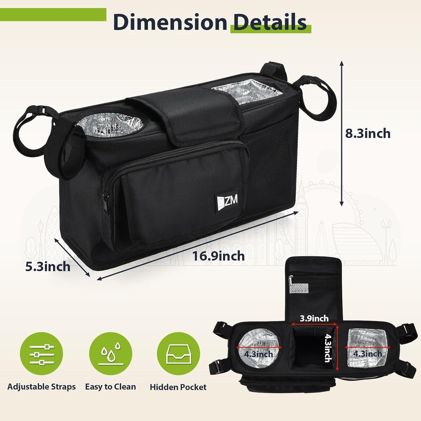 ZZM Parent Console Stroller Wagon Organizer Compatible with WONDERFOLD W2&W4&X, Jeep Deluxe Wrangler, EVER ADVANCED Wagon, Wagon Stroller Accessories with 2 Large Insulated Cup Holder(Empty Bag)