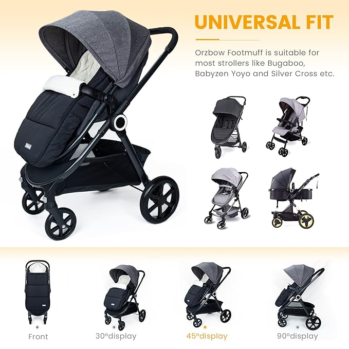 Orzbow Footmuff for Stroller, Weatherproof Anti-Kick Universal Toddler Sleeping Bag,Removable Warm Coral Fleece Lined Stroller Bunting Bag Footmuff(Black)