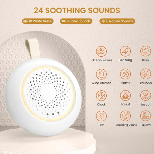 Portable White Noise Sounds Machine with Nightstand Mode, 24 Soothing Sounds, Support Crying Sounds Detection and Timer, Rechargeable Sleep Machine for Helping Comfort Baby Sleep
