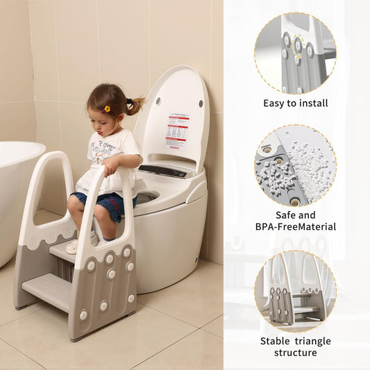 Two Step Stool with Handrails for Toddler and Kids, Standing Learning Stool Tower for Bathroom Sink, Potty Training, Children Step Up Learning Helper with Handles and Safety Non-Slip Pads(Gray)