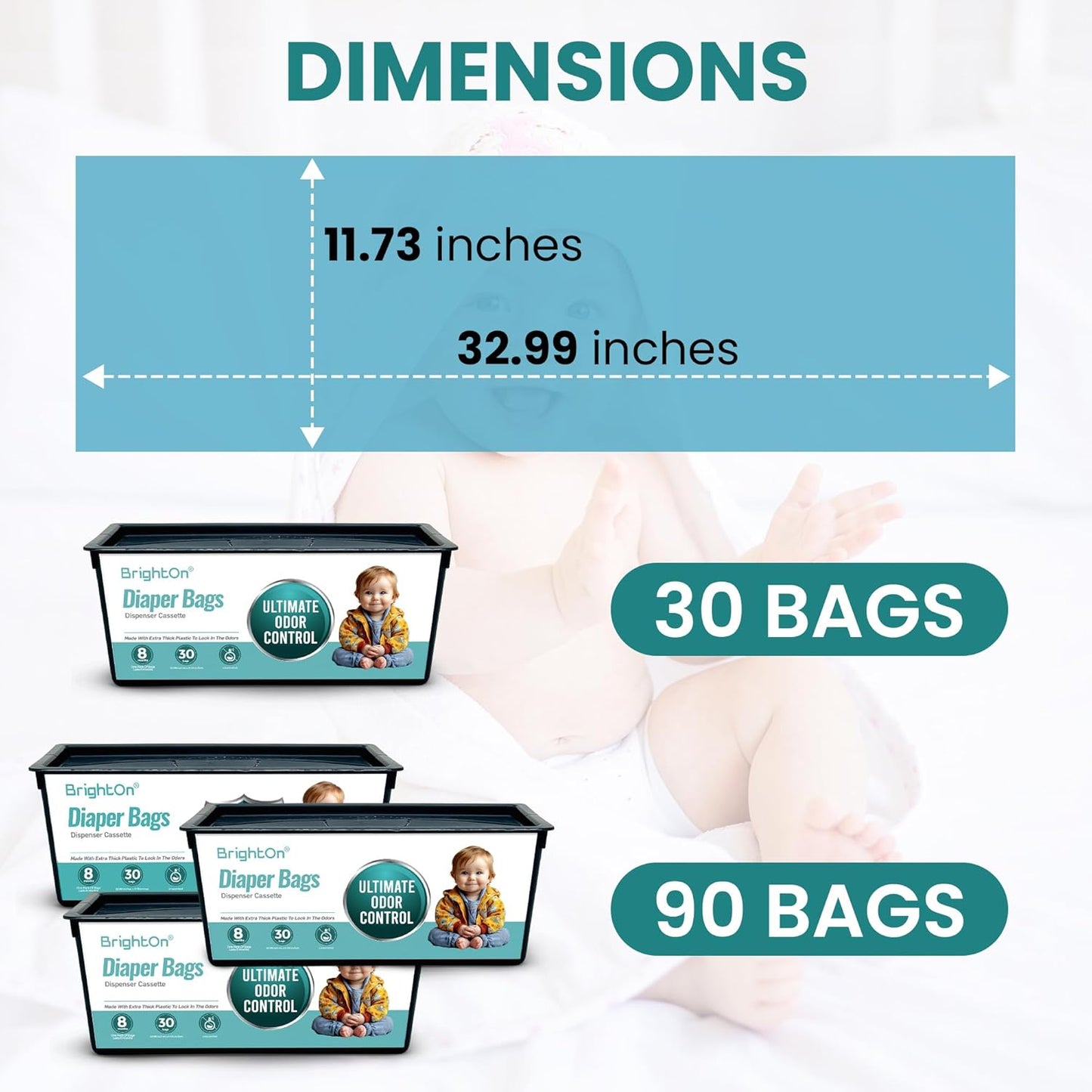 BrightOn® Diaper Pail Refill Bags, 30 Bags Per Refill, Compatible with Genie Easy Roll Signature Diaper Pails, Holds Up to 2820 Newborn Diapers, Real 7 Layer Odor Barrier, Unscented, 2PACK (60 Bags)