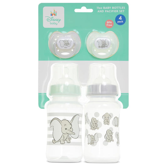 Disney Baby Bottles and Pacifiers Set – 2 Hourglass-Shaped 11oz Bottles + 2 Orthodontic Pacifiers – Officially Licensed Mickey, Minnie, Pooh & Dumbo Designs – BPA-Free Feeding Gift Set