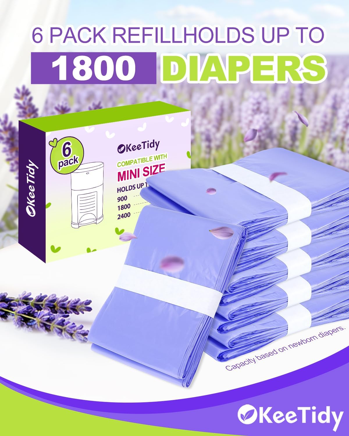 Diaper Pail Refill Bags Compatible with DEKOR MINI Diaper Pails, 20% Extra Length Diaper Bags Disposable with Lavender Flavor, Holds up to 1800 Diapers, 6 Pack