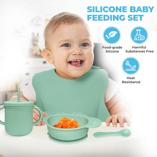 Silicone Baby Feeding Set - 9 Pieces - First Stage Solid Food Eating Baby Utensils - 6+ Months - Crab Shape