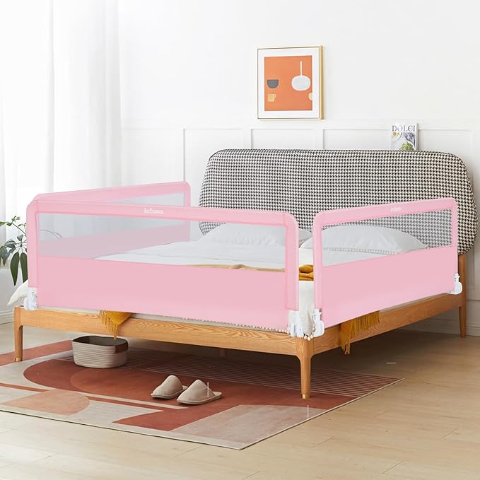 INFANS Bed Rail for Toddlers, 58" Foldable Safety Baby Crib Rail Fit for Kids Twin, Extra Long Swing Down Bed Guardrail for Convertible Crib, Queen, Full, King Mattress Side Guard (Pink)