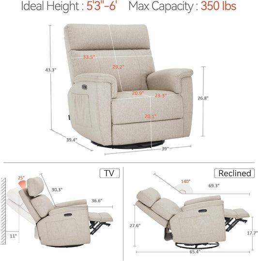 MCombo Oversized Swivel Glider Rocker Recliner with Adjustable Headrest, Dual Motor Power Recliner for Nursery, Led Nightlight, Fabric PR601 (Beige)