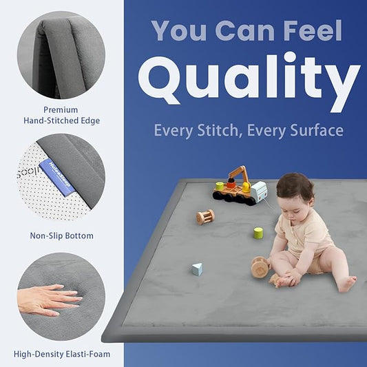 Baby Play Mat for Floor,1.3" Thick Elasti-Foam 74×50 Playpen Mat for Toddlers Infant kids,Water-Repellent Soft Coral Velvet for Tummy Time, Non-Slip Backing for Crawling,Tatami Style(Dark Grey)