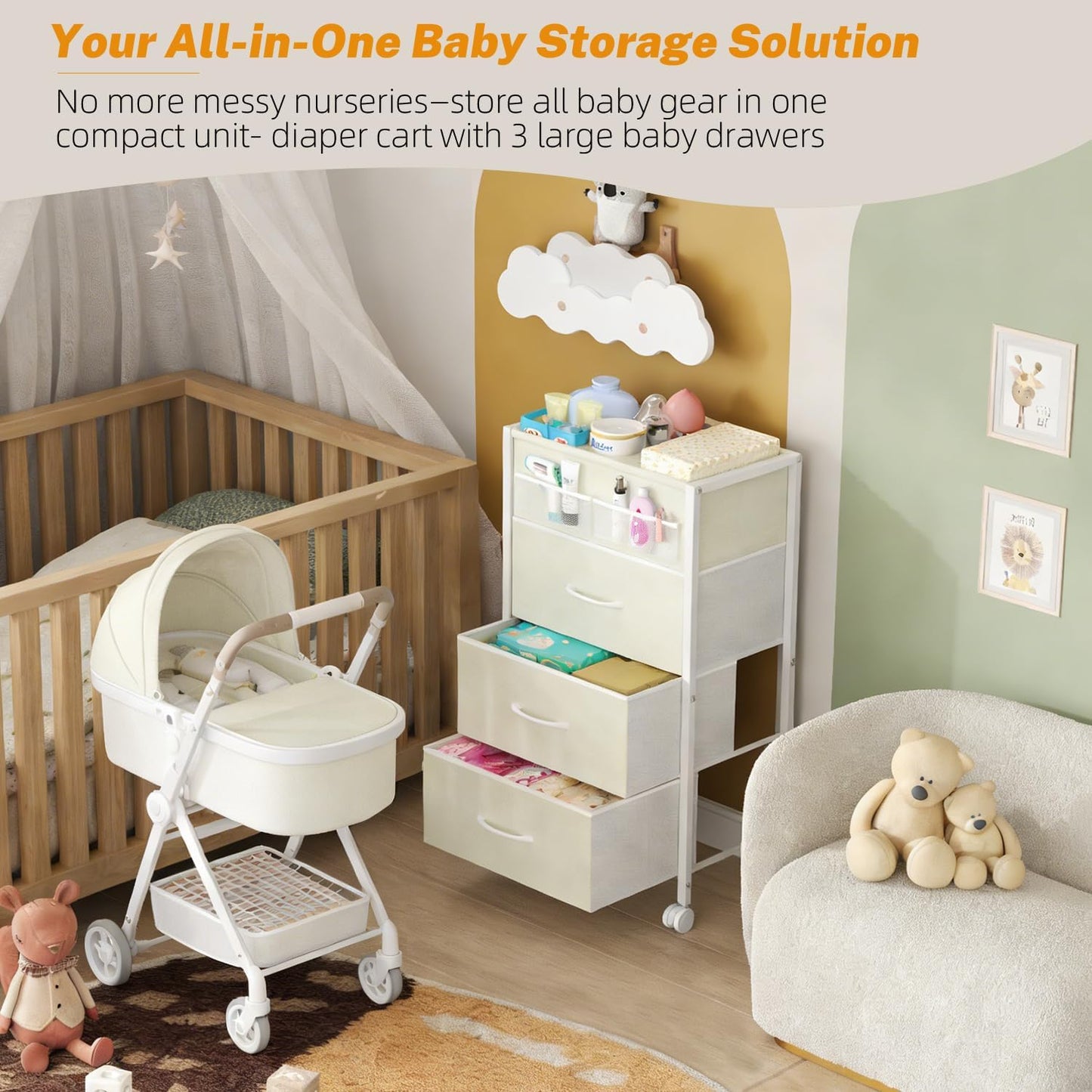 4-Tier Baby Diaper Caddy Organizer Cart with 3 Storage Drawers, Rolling Cart with Dividers & Side Pockets for Nursery, Baby Essentials, Toys, Wipes & Creams, Portable Kids Storage Cart & Station
