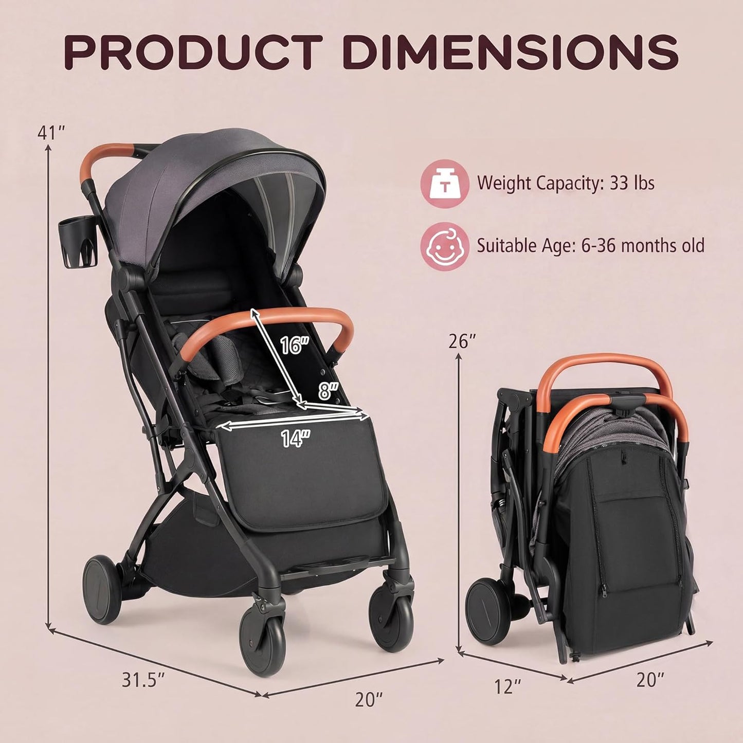 HONEY JOY Lightweight Baby Stroller, Compact Travel Stroller w/Aluminum Frame, Footmuff, EVA Wheels w/Spring Suspension, Multi-Position Recline, One-Hand Fold Luggage Handle for Toddlers (Gray)
