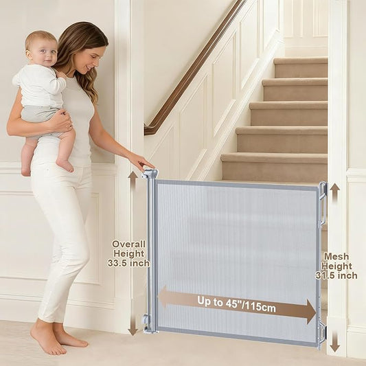 SPACEANY Retractable Safety Baby Gate or Mesh Dog Gate,Durable Portable Mesh Retractable Gate,Easy to Use for Stairs, Doorways, Hallways, Indoor, Outdoor, 33.5" Tall, Up to 45" Wide, Gray