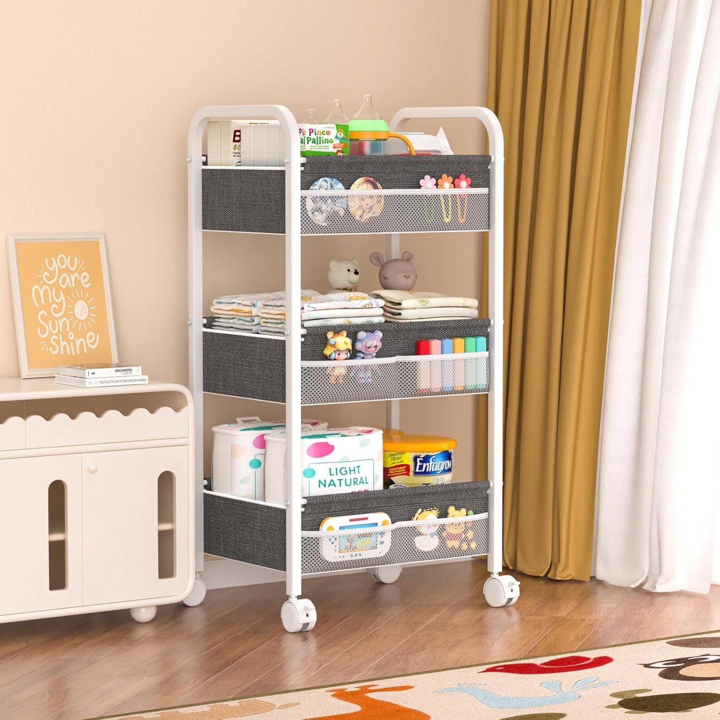 Baby Diaper Caddy Rolling Utility Cart, 3 Tier Baby Essentials Nursery Organizer and Storage with Dividers and Drawers for Crib, Bedroom, Art & Craft Organizer (Black)
