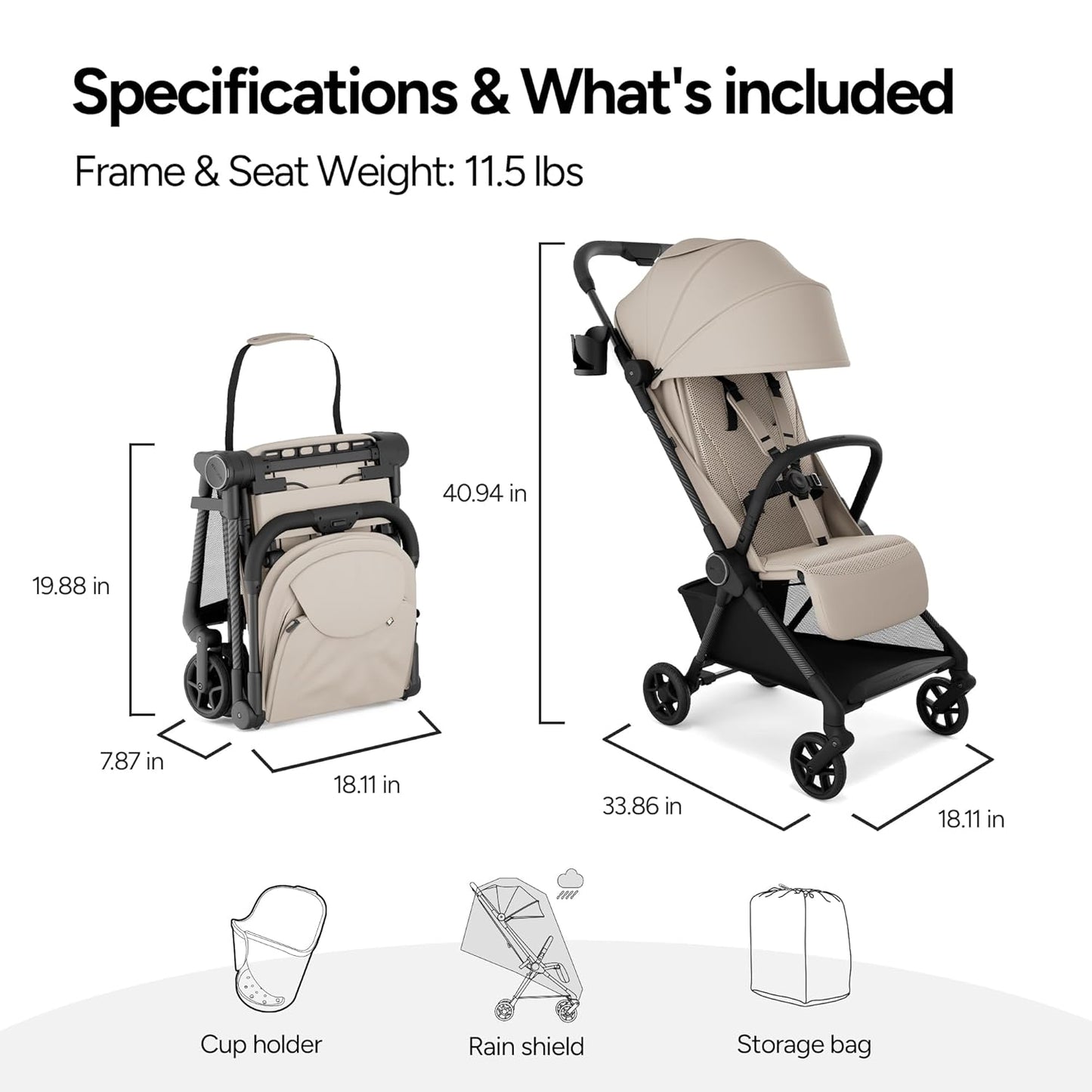 Mompush Nexis Carbon Travel Stroller, Ultra-Lightweight 11.5 lbs, Compact & Airplane Carry-On Approved, One-Second Auto-Fold, One-Hand Full Recline, from Birth to 50 lbs, JPMA Certified, Black