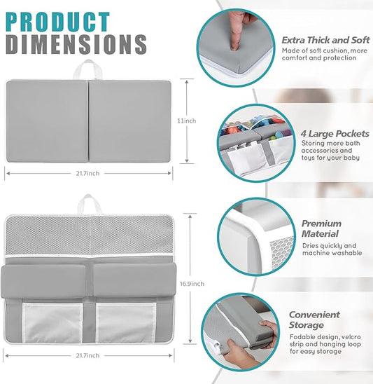 KJR Bath Kneeler and Elbow Rest Pad Set for Baby Bathing, Thick Quick Drying Memory Foam Kneeling Mat with Toy Organizer Pockets, Comfortable Non Slip Bathtub Knee Saver Support for Knees, Arms(Gray)