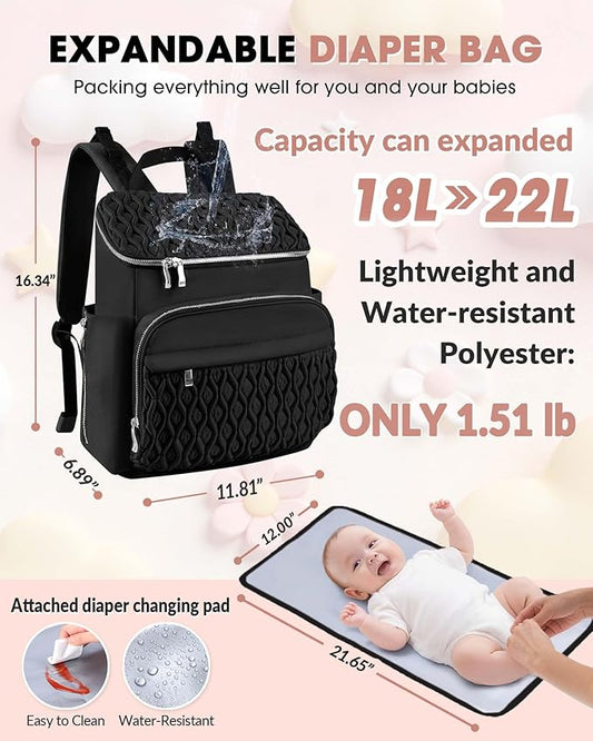 Baby Diaper Bag Backpack, Expandable Baby Bag for Girl Boy, Travel Diaper Backpack with Insulated Pocket, Changing Pad, Quilted Diaper Bag for Mom Dad, Newborn Baby Essentials Must Have Black