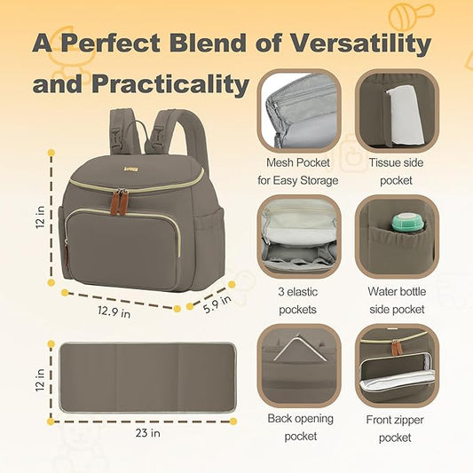 Compact Diaper Bag Backpack – Lightweight & Waterproof Baby Bag for Moms & Dads, Includes Changing Pad & Stroller Straps, Small Travel Diaper Backpack for Daily Use –Taupe