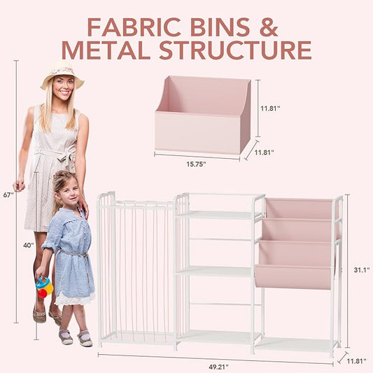 BBLIKE 3in1 Stuffed Animal Storage Organizer - Toy Storage with Kids Bookshelf & Large Plushies Holder for Kids Room - Multi-Functional Furniture for Nursery, Bedroom, and Playroom, Pink