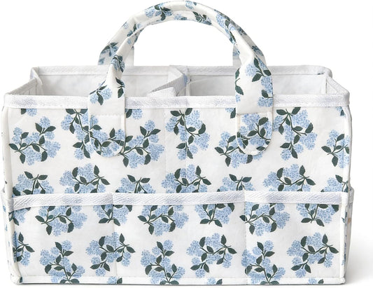 Floral Diaper Caddy Organizer with Removable Dividers Blue Flower Baby Nappy Caddy for Nursery/Car/Changing Table, Decorative Storage for Newborn Essentials Gift for New Mom
