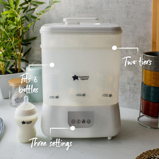 Tommee Tippee Steridryer Electric Steam Sterilizer and Dryer, White, for Baby Bottles and Feeding Accessories, Kills Viruses* and 99.9% of Harmful Microbes
