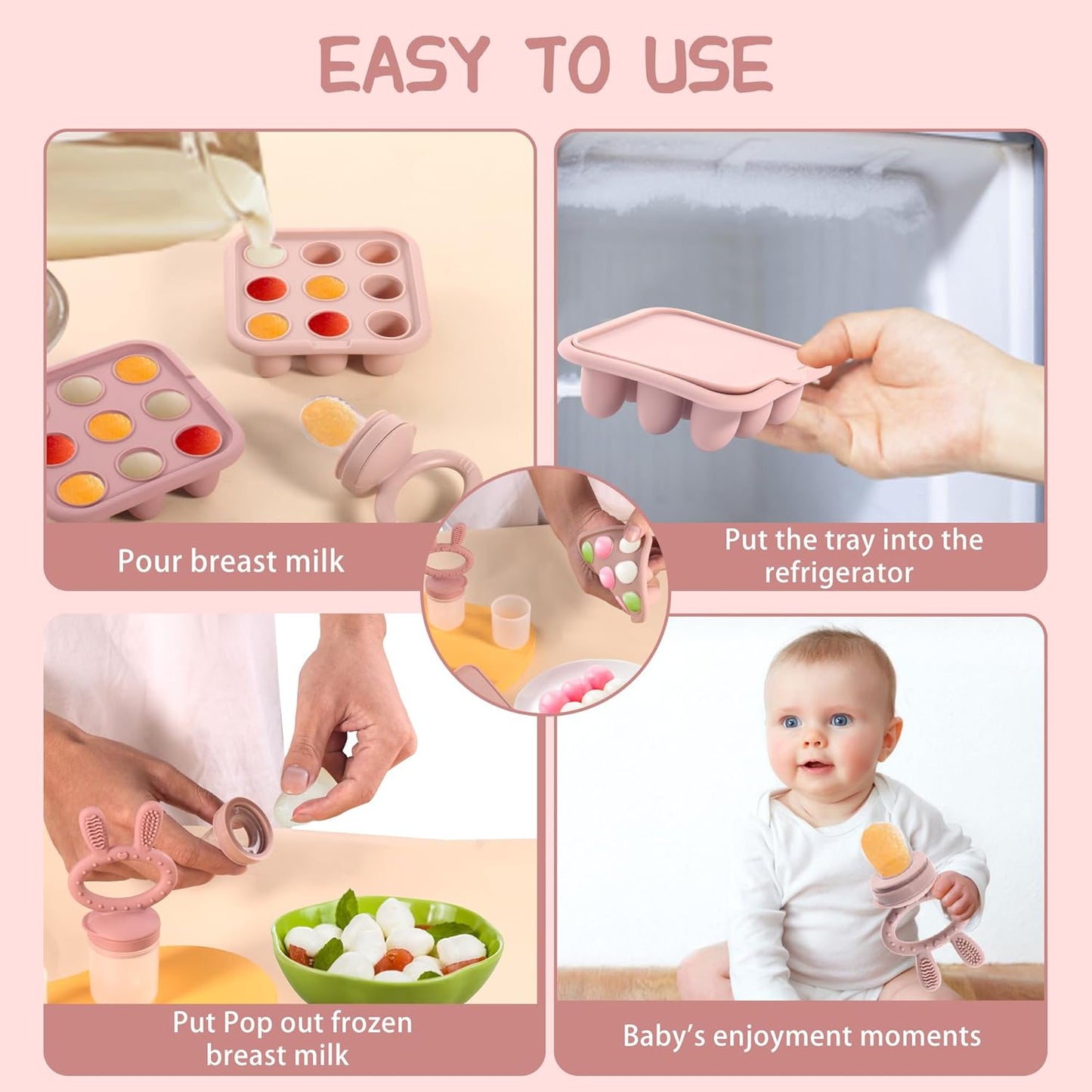 WAJIAYON Baby Breastmilk Popsicle Molds & Baby Fruit Feeder (4 Pack), Infant Food Freezer Tray Storage Containers, Silicone Teething Pacifier Feeder and Teether for Babies(Pink&Purple)