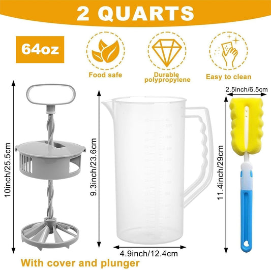 Mixing Pitcher with Plunger Mixer 2 QT/64OZ Plastic Water Pitcher with Lid & Clean Sponge, Angled Plastic Blades and Adjustable Mixer Plunger for Mix Juice, Milk,Tea, Beverage Container