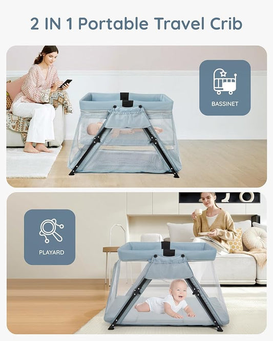 Lilian&Gema 2-in-1 Travel Crib, Portable & Foldable Crib with Backpack, Lightweight Baby Travel Playpen with Thick Mattress for Babies & Toddlers, Baby Travel Essential