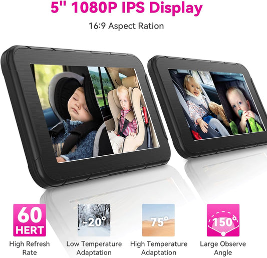 Baby Car Camera for 2 Kids 1080P Split-Screen Monitor Dual Cam Rear-Facing Cameras IR Night Vision 360° Rotatable Backseat Screen, Car Seat Mirror Alternative (2 Cameras with 5'' monirtor)
