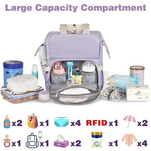 Jiefeike Diaper Bag Backpack,Purple Travel Backpack for Dad Mom Boys Girls,Insulated Pockets Portable Baby Nappy Bags RFID Anti-Theft Water-Resistant Pocket Stroller Straps