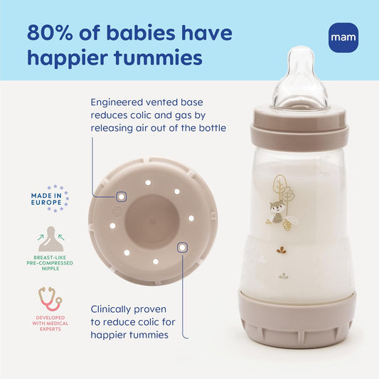 MAM 11oz Easy Start Anti-Colic+ Wide Neck Baby Bottle, Fast Flow Breastfeeding-Like Nipple, Reduces Colic Gas & Reflux, Easy to Clean, BPA Free, 4+ Months, Made in Europe, 2 Pack, Boy