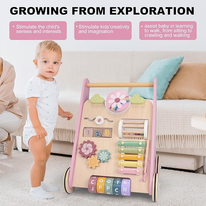 Wooden Baby Walker Wheels,Baby Push Walker for Babies 10 Months+ Montessori,Toddler Walker Push Toy Wooden Activity Walker for Boy,Walking Toys 12 Months+ Learning to Walk