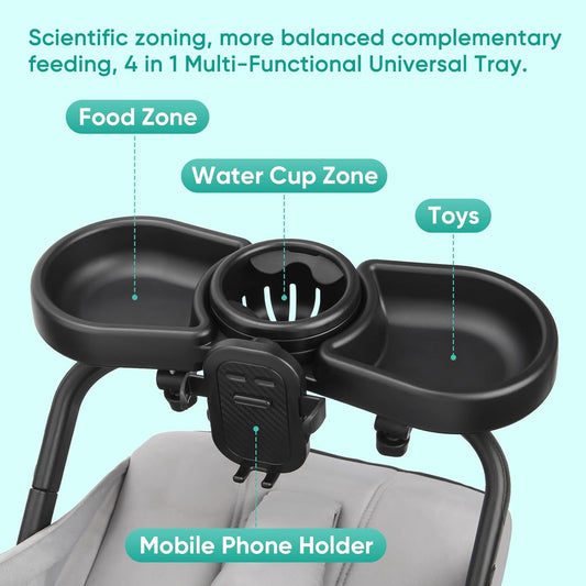 Universal Stroller Snack Tray, 4 in 1 Stroller Tray Attachment with Cups Phone Holder for Baby Toddler Stroller, 360° Rotation Universal Stroller Tray Compatible with Uppababy, Baby Jogger, etc