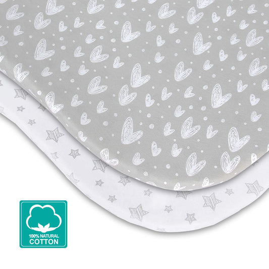 Bassinet Sheets Fit for Simmons Kids By The Bed City Sleeper Bassinet(Twins), Moses Basket and Hospital Bassinet, 100% Cotton, 2 Pack, Gray and White Print - Colors B