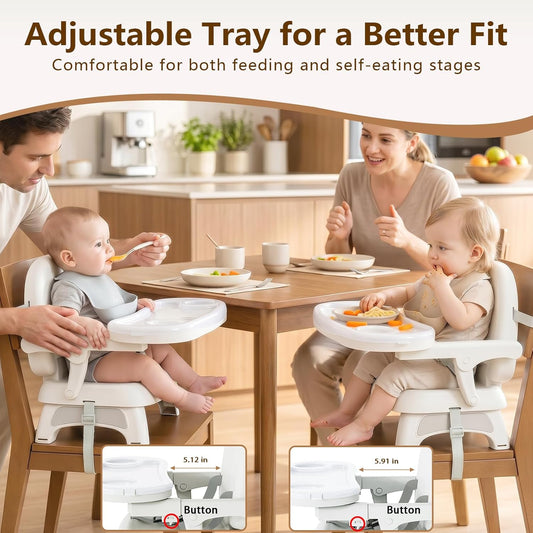 Booster Seat for Kitchen Chair, 3-in-1 Foldable & Portable Booster Seat with Tray, Extra Dishwasher-Safe Tray, Safety Straps for 6–18M (Up to 30 lbs), for Dining Table, Travel & Camping, Gray