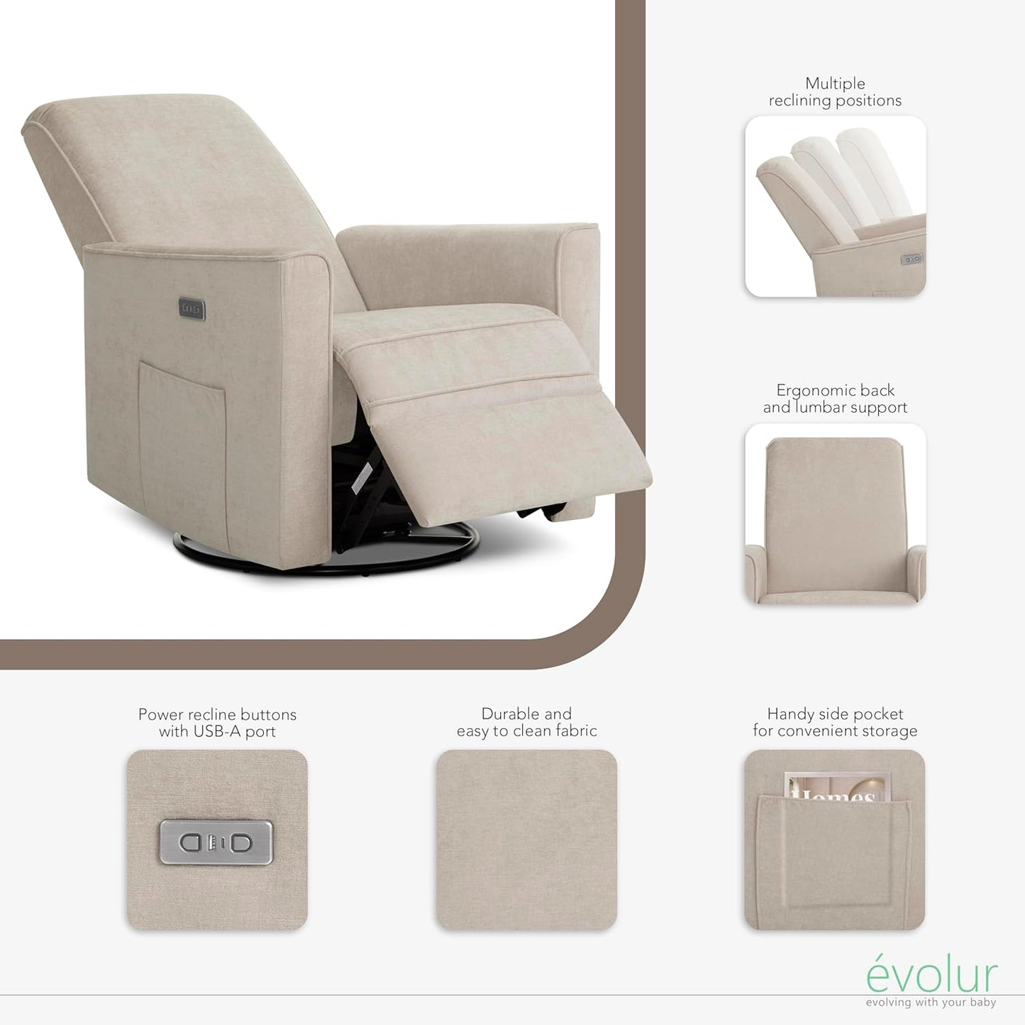 Evolur Harlow Upholstered Power Glider Recliner with USB Charging – Rocking & 275° Swivel with Smooth Glide – Greenguard Gold & FSC Certified – Modern Nursery and Living Room Chair in Light Sand