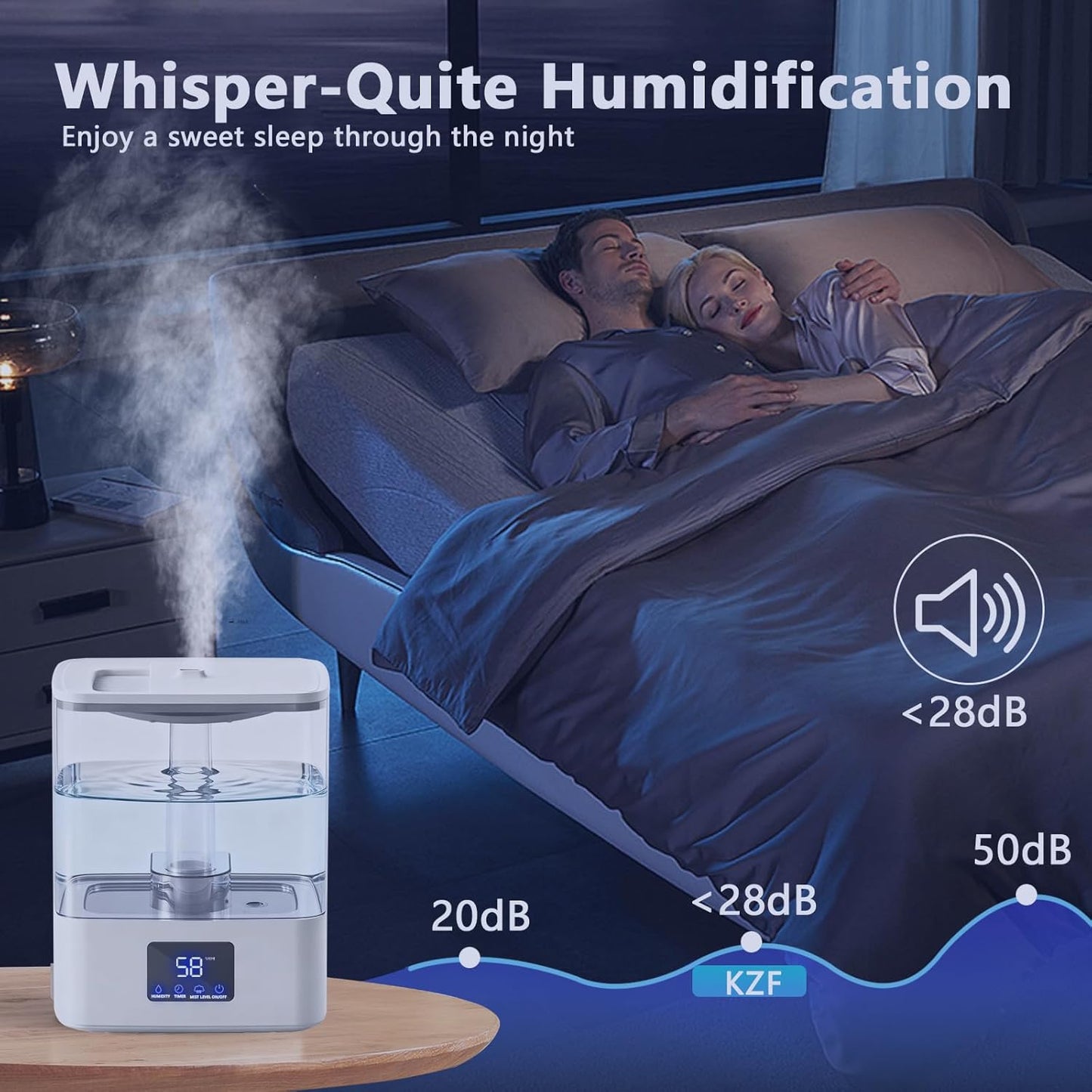 KZF 4L Top Fill Humidifiers for Bedroom & 60H Runtime - Cool Mist Humidifier, 3 Mist Levels, 8H Timer, Essential Oil Tray, Humidity Display, Quiet for Bedroom, Baby, Plants, Large Room (Black, 6L)