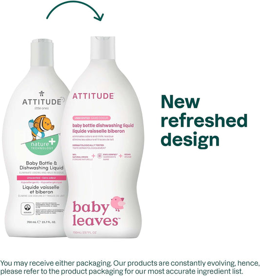ATTITUDE Baby Bottle & Dish Soap, EWG Verified Bottle Cleaner, Fragrance Free & Dye Free, Removes Milk Residue & Grease, Vegan, Bulk Refill, Unscented, 67.6 Fl Oz