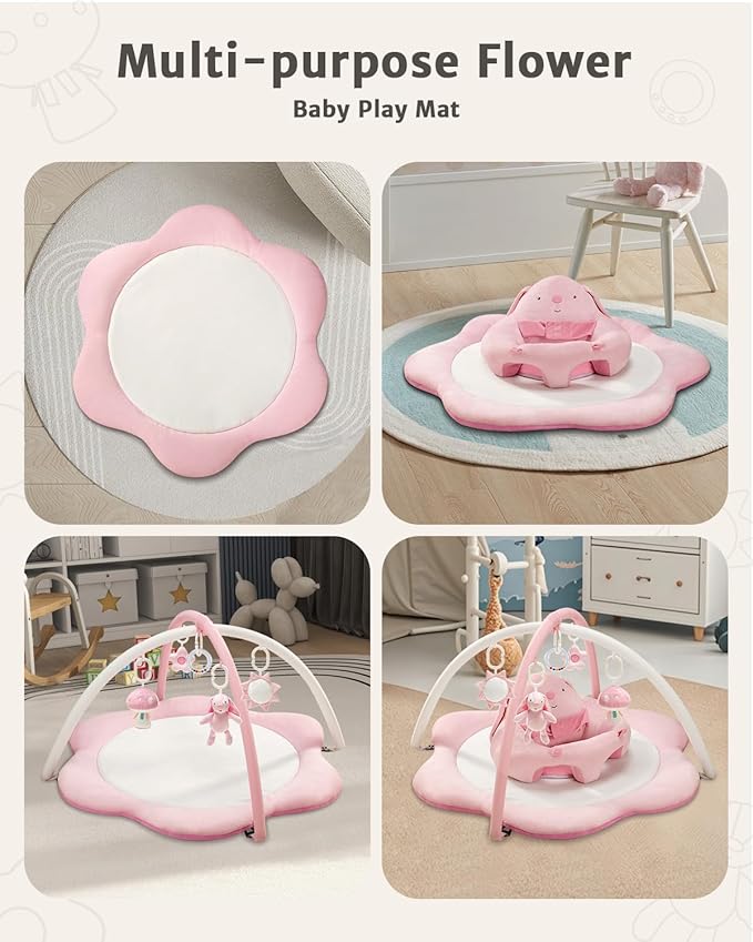 3-in-1 Baby Play Mat, Baby Seats for Infants for Sitting Up, Tummy Time Mat with 5 Detachable Toys, Activity Gym & Playmats for Babies 0-6 6-12 Months, Newborn Babies Shower Gifts