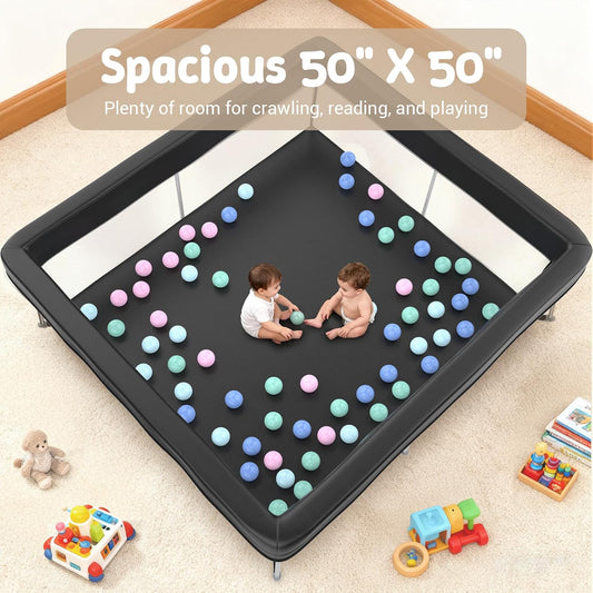 Foldable Baby Playpen, 50"×50" Collapsible Play Yard for Babies and Toddlers, No Assembly Required, Kids Safety Play Area with 4 Handles, 50 Balls and Visible Mesh, Black