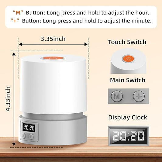 Nursery Night Light with Clock for Kids, Touch Lamp Bedside Desk Lamp, Portable Breastfeeding Night Lamp for Baby, 3 Color Stepless Dimming Up for Restaurant,Bedroom,Rechargeable (Grey)