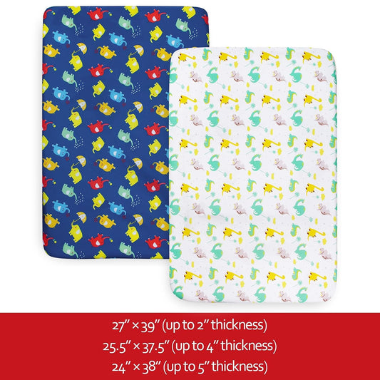 Pack and Play Sheets, 2 Pack Mini Crib Sheets, Stretchy Playard Fitted Sheet, Compatible with Graco Pack n Play, Soft and Breathable Material, Planet & Flower