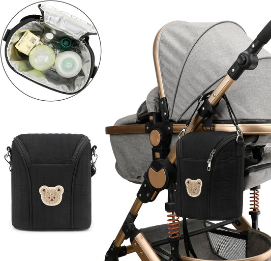 Lmbabter Embroidered Bear Stroller Organizer Tote Bag, Bottle Insulation Pouch, Portable Cooler Storage Essential for Milk/Breast Pump,Baby Travel Supplies (Black)