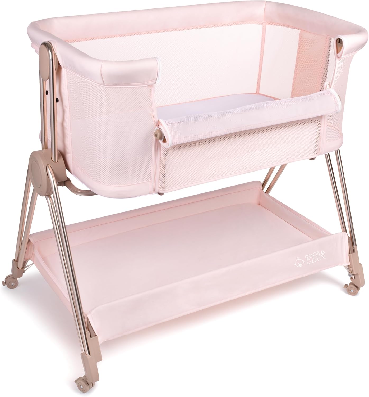 KOOLABABY Baby Bedside Sleeper - Bassinet & Bedside Crib with Height Adjustment & Wheels - Can Be Placed Next to Bed - Attaches to Parents Bed - Easy to Fold & Carry Bassinet for Girls (Pink)