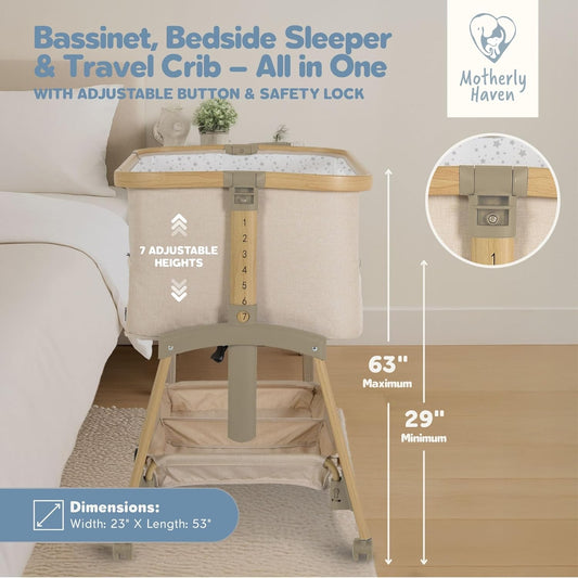 Motherly Haven Baby Bassinet Bedside Sleeper, Portable Crib for Newborns, Adjustable 7-Height Auto-Lock, with Wheels, Soft Mattress & Breathable Mesh (Light Grey)
