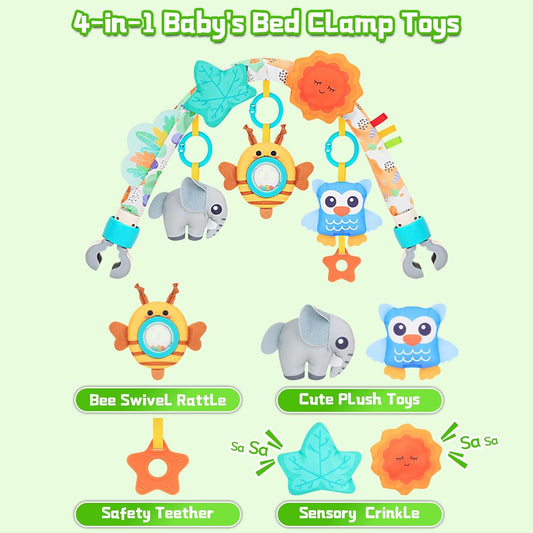 Baby Activity Stroller Arch Toys,Car Seat Toys for Adjustable Bouncer Arch Crib Bassinet Hanging Toys Mobile Clip on Stroller Developing Motor Infants Toddlers Skills with Rattle,Mirror,Teether Gift