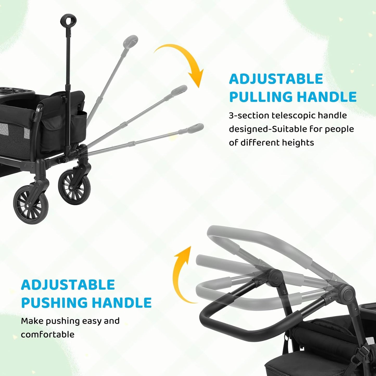 ELEMARA Stroller Wagon, 2 Seat Stroller for 2 Kids, Premium All Terrain Stroller for Kids w/Removable Canopy, Adjustable Push/Pull Handle, Large Storage Bag, Black