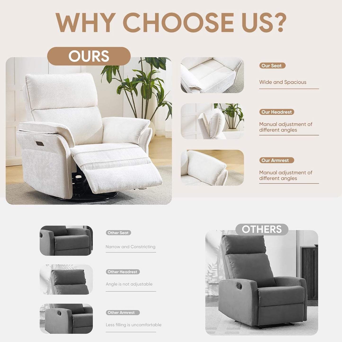 Oversized Swivel Rocker Recliner with Adjustable Headrest, Rocking Chair Nursery with Overstuffed Armrest, Manual Rocker Recliner Nursery Chair for Living Room, White