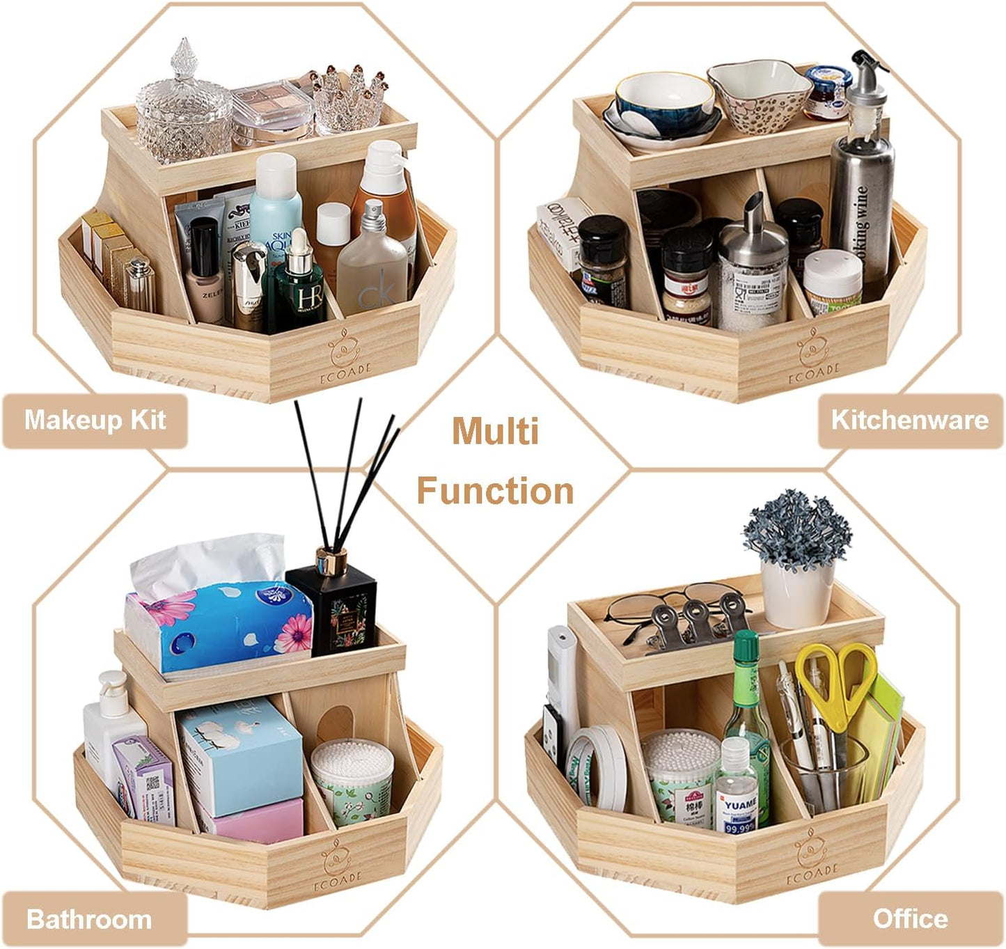ECOADE Wooden Diaper Caddy Organizer - 360 Degrees Rotating Caddy with Removable Dividers, Nursery Diaper Organizer