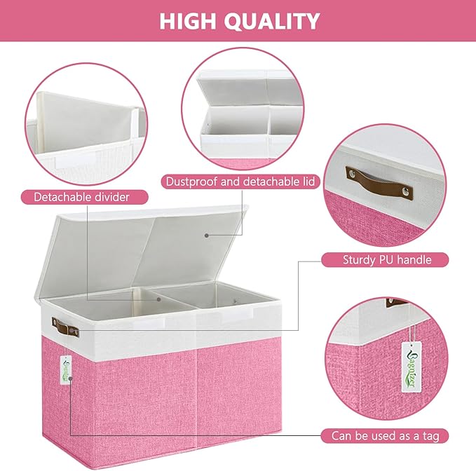 Bagnizer Large Toy Storage Box with Lids, Collapsible Sturdy Baby Storage Organizer Chest Bin Basket for Kids, Boys, Girls, Playroom, Nursery, Bedroom, Closet 25"x13"x16" (Pink and White)