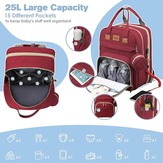 JSTPRO Diaper Bag Backpack, Large Diaper Bag with Changing Station, Baby Bag, New Mom Gifts, Lightweight Waterproof Unisex Diaper Bag with Insulated Pockets and USB Charging Port, Red